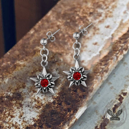 Pentagram Red Gemstone Stainless Steel Stud Earrings
