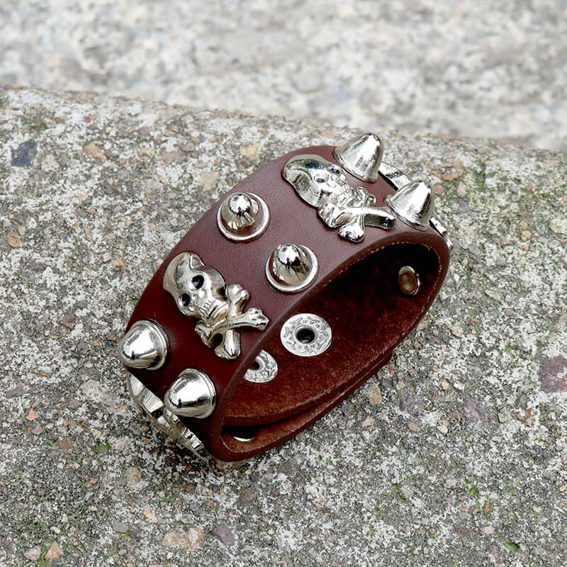 Punk Crossbones Skull Pu Leather Spiked Bracelet