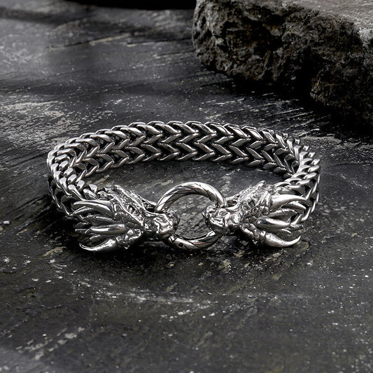 Punk Double Dragon Head Hoop Stainless Steel Bracelet