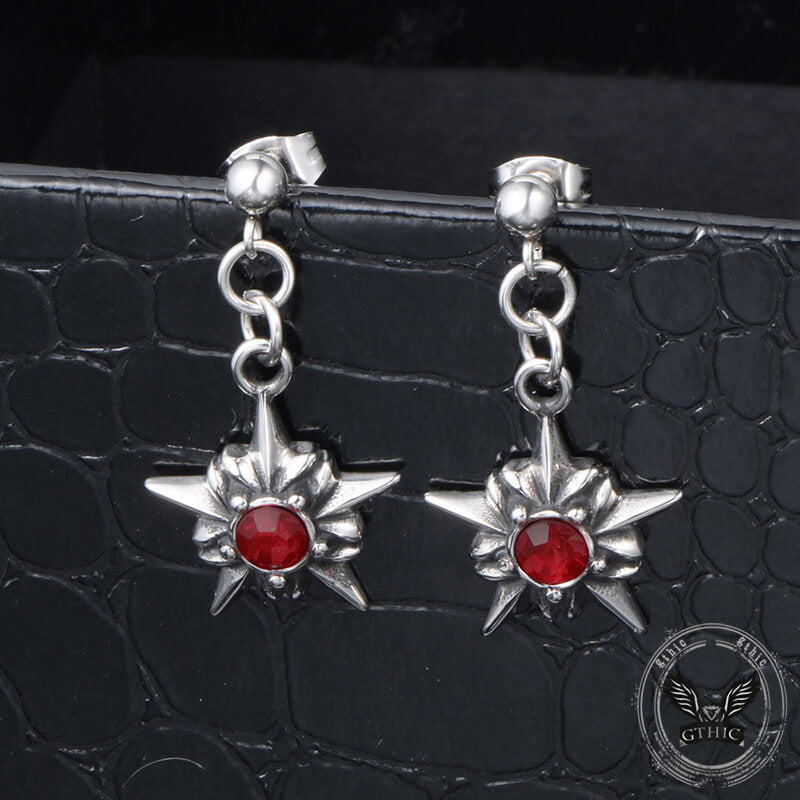 Punk Octagonal Star Ruby Stainless Steel Earrings