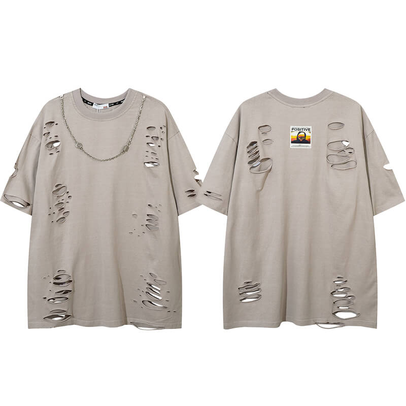 Punk Ripped Short Sleeve T-shirt With Chain