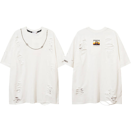 Punk Ripped Short Sleeve T-shirt With Chain