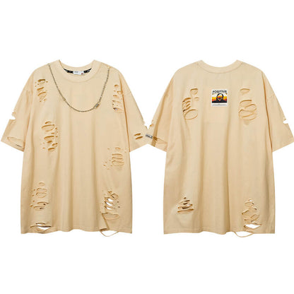 Punk Ripped Short Sleeve T-shirt With Chain
