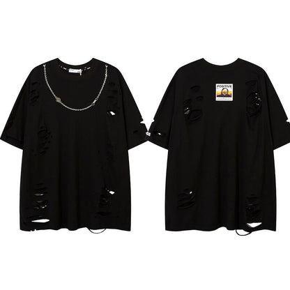 Punk Ripped Short Sleeve T-shirt With Chain