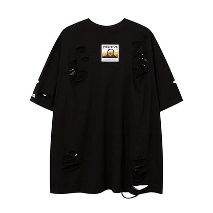 Punk Ripped Short Sleeve T-shirt With Chain