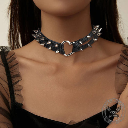 Punk Rivets Heart Leather Choker Necklace