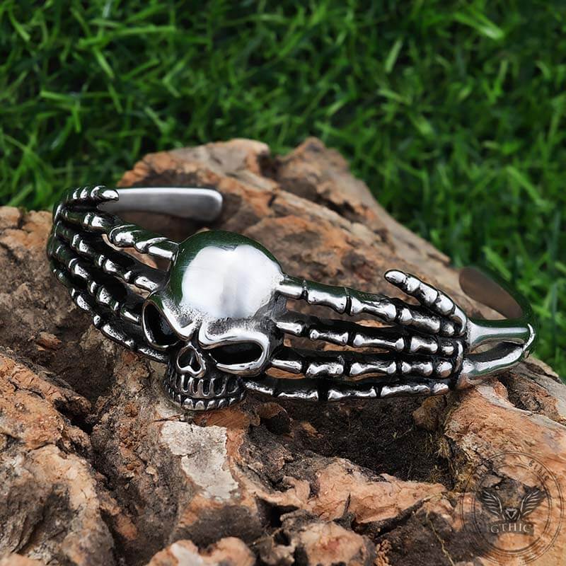 Punk Skeleton Hand Skull Head Stainless Steel Open Bracelet