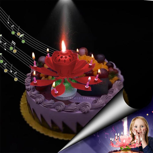 Red "Happy Birthday" Singing Musical Flower Candle - Rotating Party Light Magical Lotus Music Cake Candles