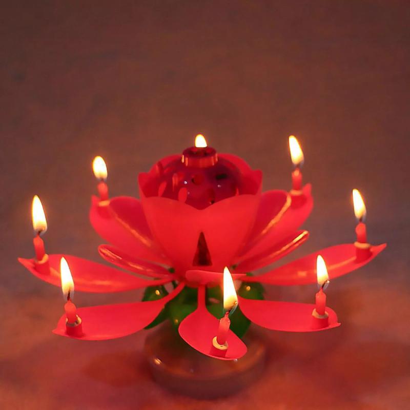 Red "Happy Birthday" Singing Musical Flower Candle - Rotating Party Light Magical Lotus Music Cake Candles