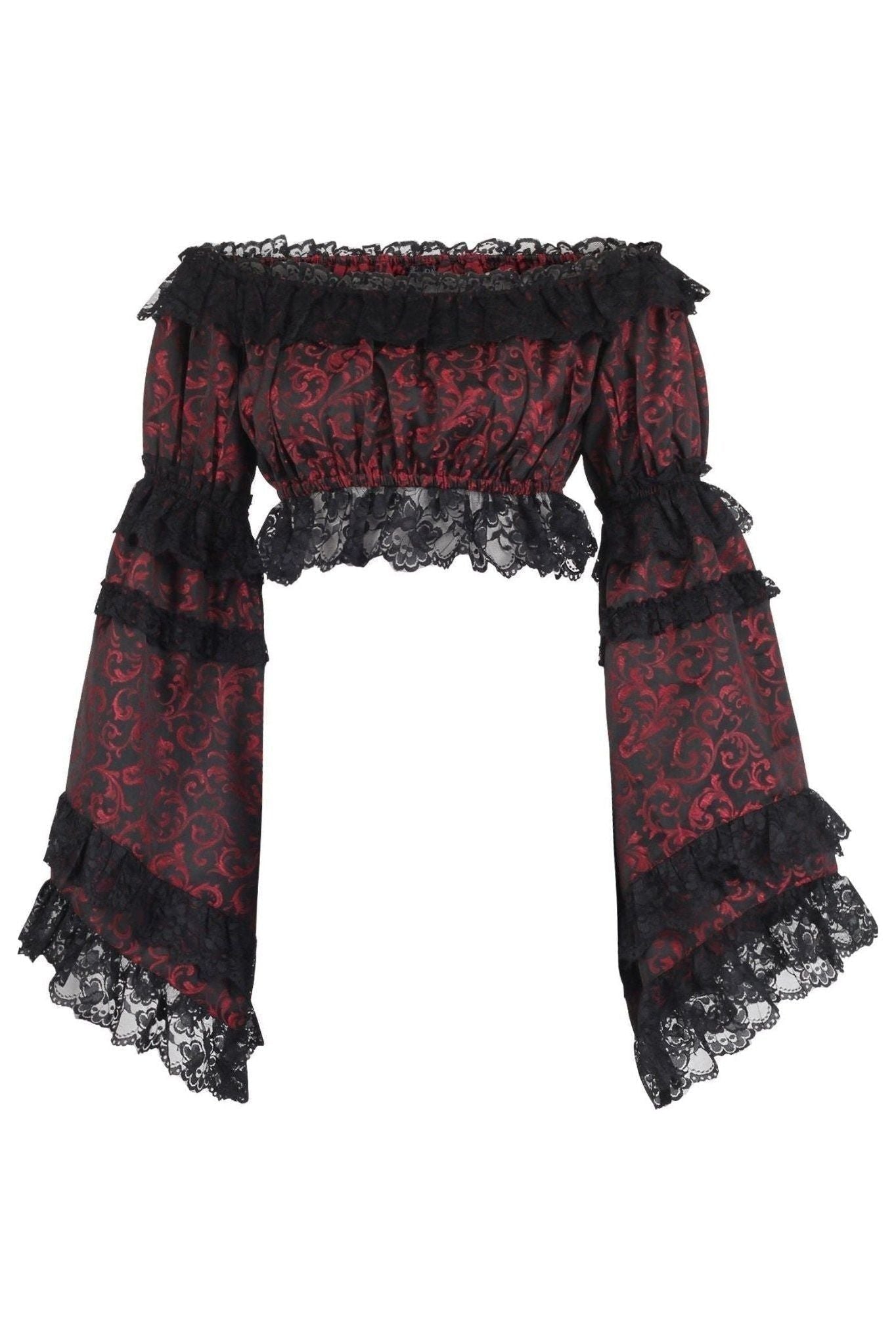Red/Black Brocade Smocked Flare Sleeve Peasant Top