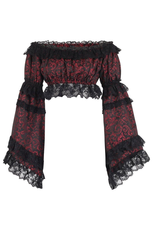 Red/Black Brocade Smocked Flare Sleeve Peasant Top