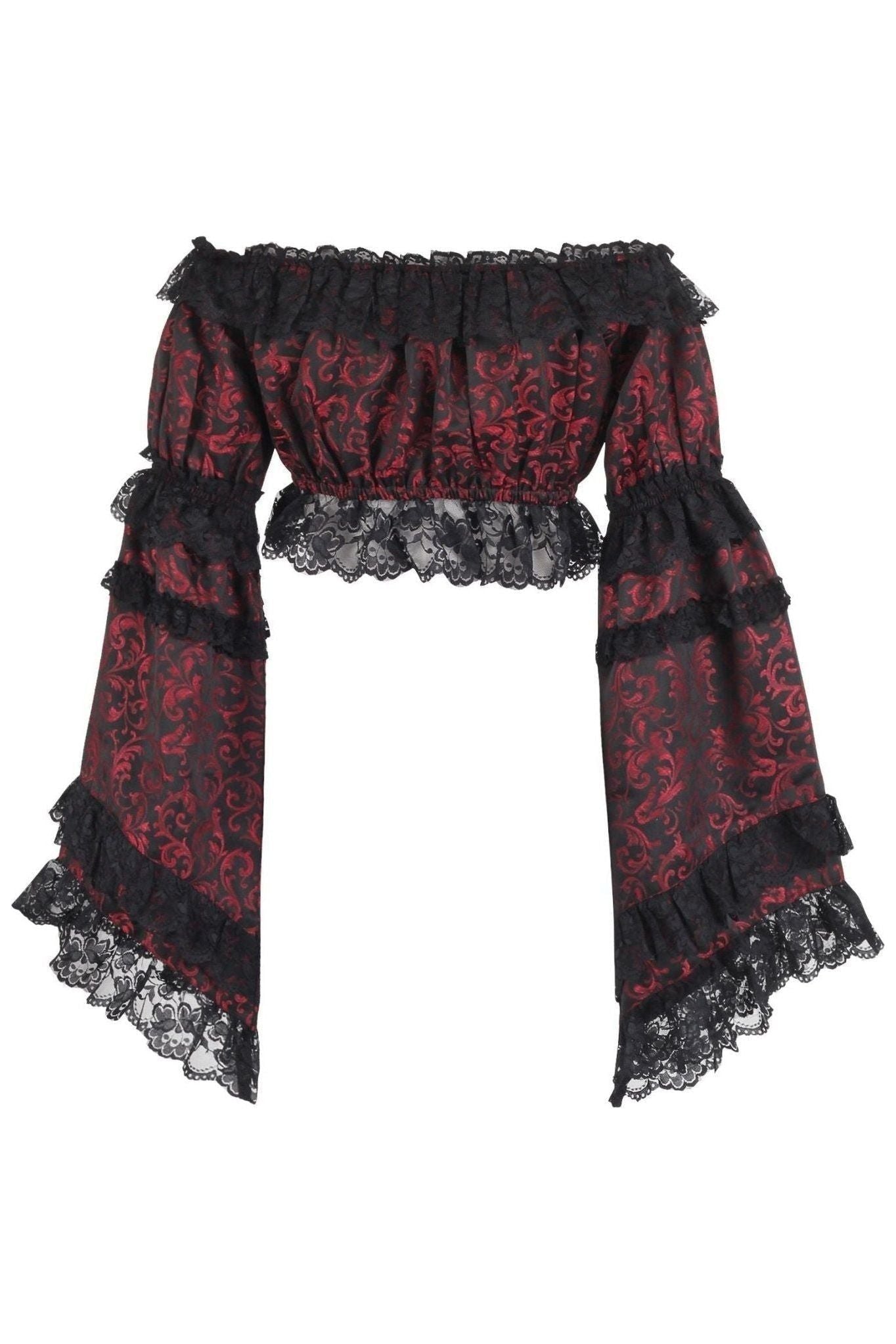 Red/Black Brocade Smocked Flare Sleeve Peasant Top