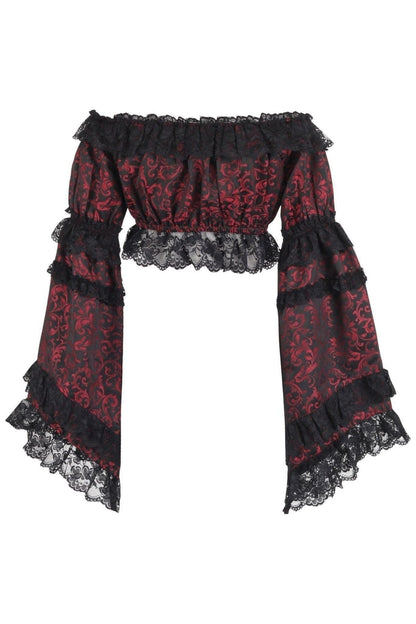 Red/Black Brocade Smocked Flare Sleeve Peasant Top