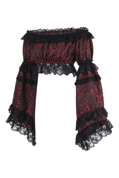 Red/Black Brocade Smocked Flare Sleeve Peasant Top