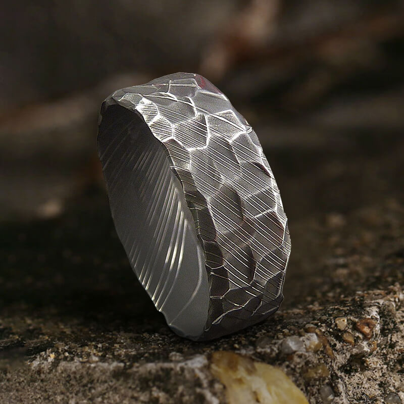 Retro Hammered Damascus Steel Ring