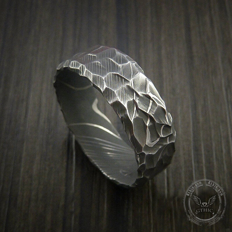 Retro Hammered Damascus Steel Ring
