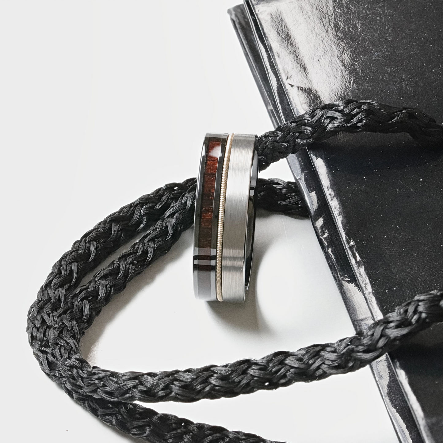 SLATE Tungsten & Black Ceramic Hybrid Ring with Steel Guitar String Ebony Wood and a Black Ceramic Interior - 8mm