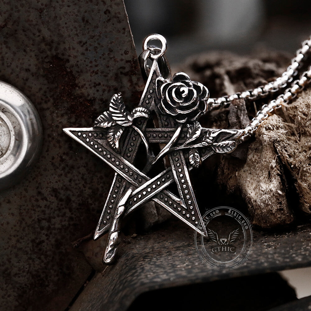 Rose And Pentagram Stainless Steel Pendant