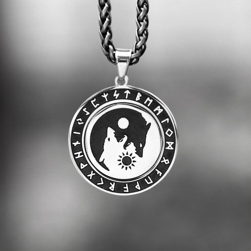 Rotatable Skoll and Hati Wolf Runes Stainless Steel Pendant