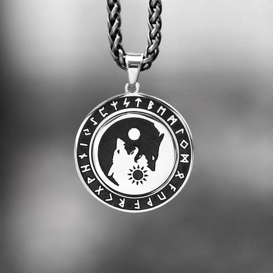 Rotatable Skoll and Hati Wolf Runes Stainless Steel Pendant