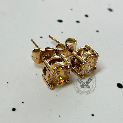 Round Square Stainless Steel Gemstone Stud Earrings
