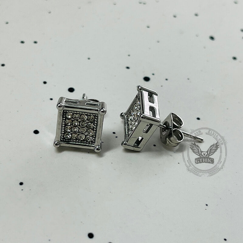 Round Square Stainless Steel Gemstone Stud Earrings