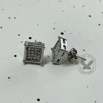 Round Square Stainless Steel Gemstone Stud Earrings
