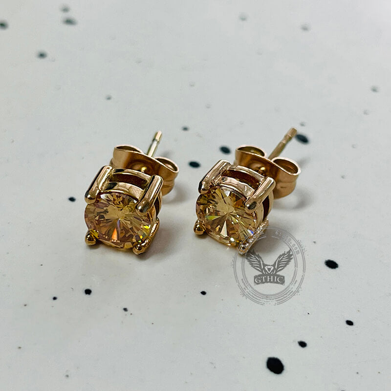 Round Square Stainless Steel Gemstone Stud Earrings