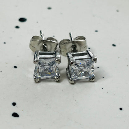 Round Square Stainless Steel Gemstone Stud Earrings
