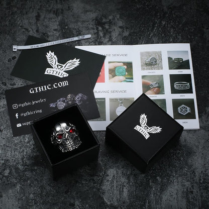 Ruby & Sapphire Eye Stainless Steel Skull Ring