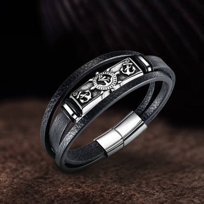 Rudder Anchor Stainless Steel Leather Bracelet