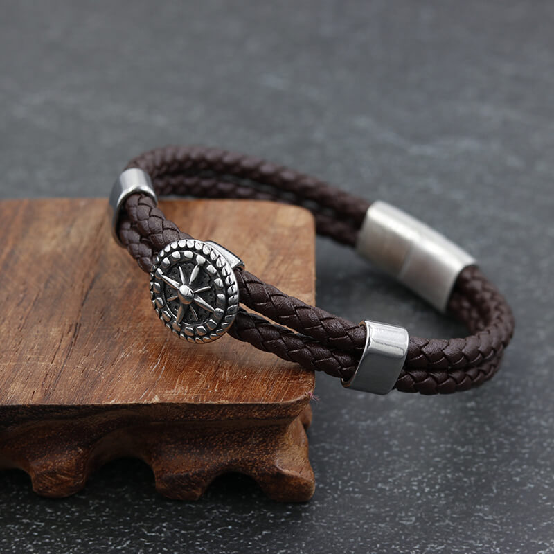 Rudder Stainless Steel Leather Marine Bracelet