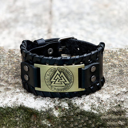 Runes Valknut Wristband Alloy Leather Viking Bracelet
