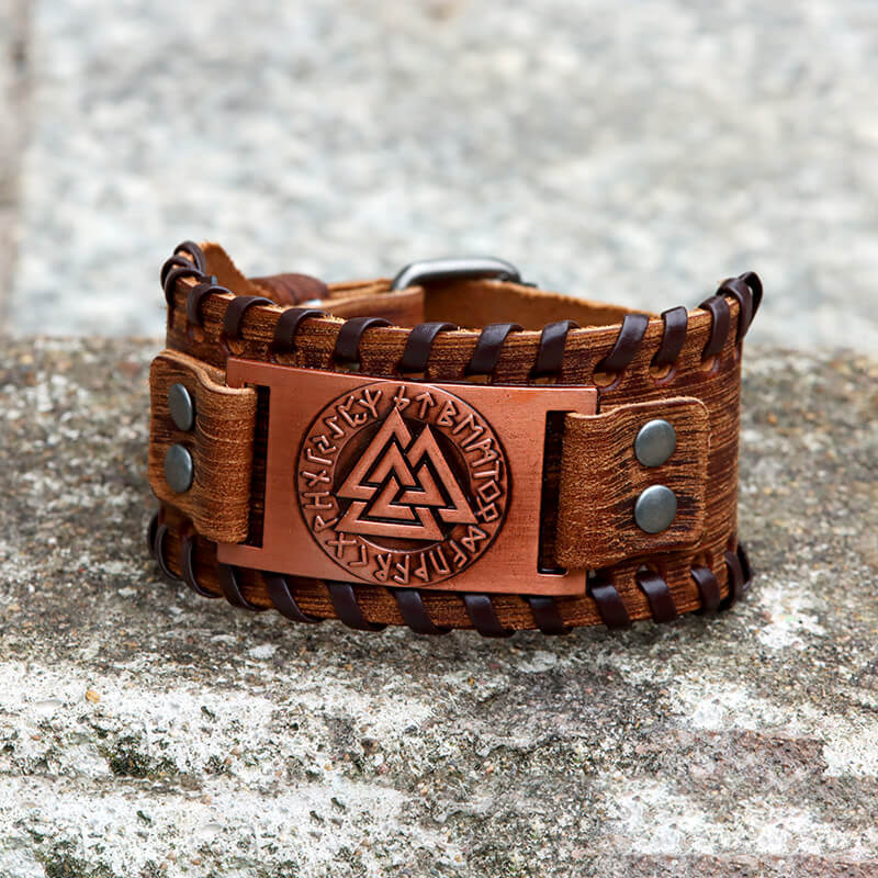 Runes Valknut Wristband Alloy Leather Viking Bracelet