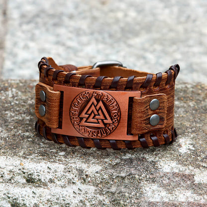 Runes Valknut Wristband Alloy Leather Viking Bracelet