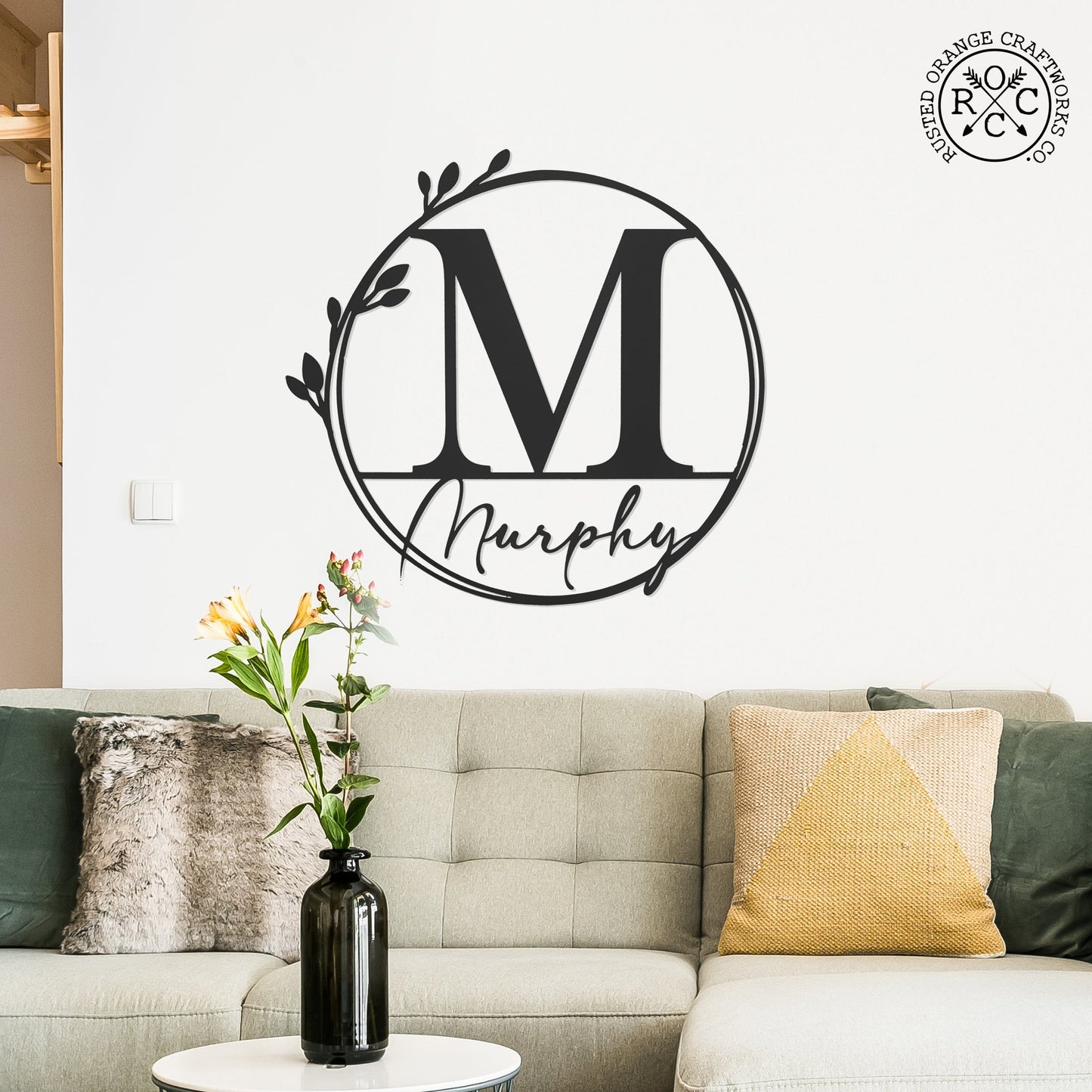 Floral Leaves - Outdoor Monogram Wreaths for Front Door - Monogram Wall Decor Metal Initial Signs