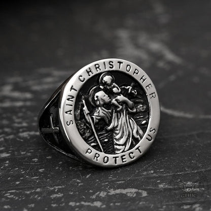 Saint Christopher Protect Us Stainless Steel Cross Ring