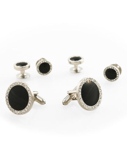 Black Circular Enamel with CZ Border Gold Edge Studs and Cufflinks Set
