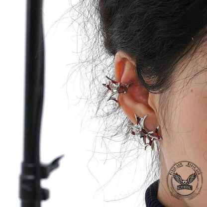 Silver Bat Red Zircon Elf Ear Cuffs