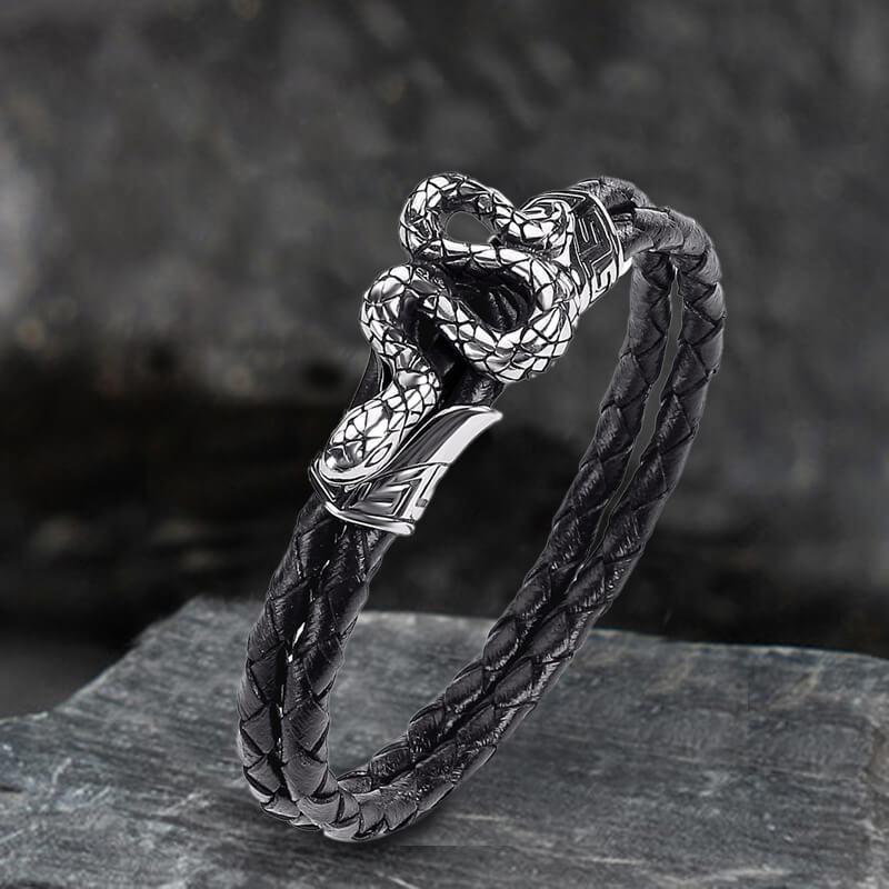 Silver Snake Stainless Steel Leather Bracelet