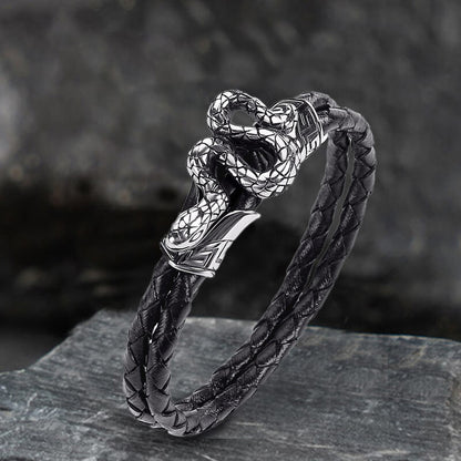 Silver Snake Stainless Steel Leather Bracelet