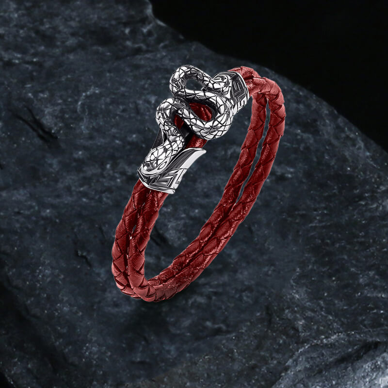 Silver Snake Stainless Steel Leather Bracelet