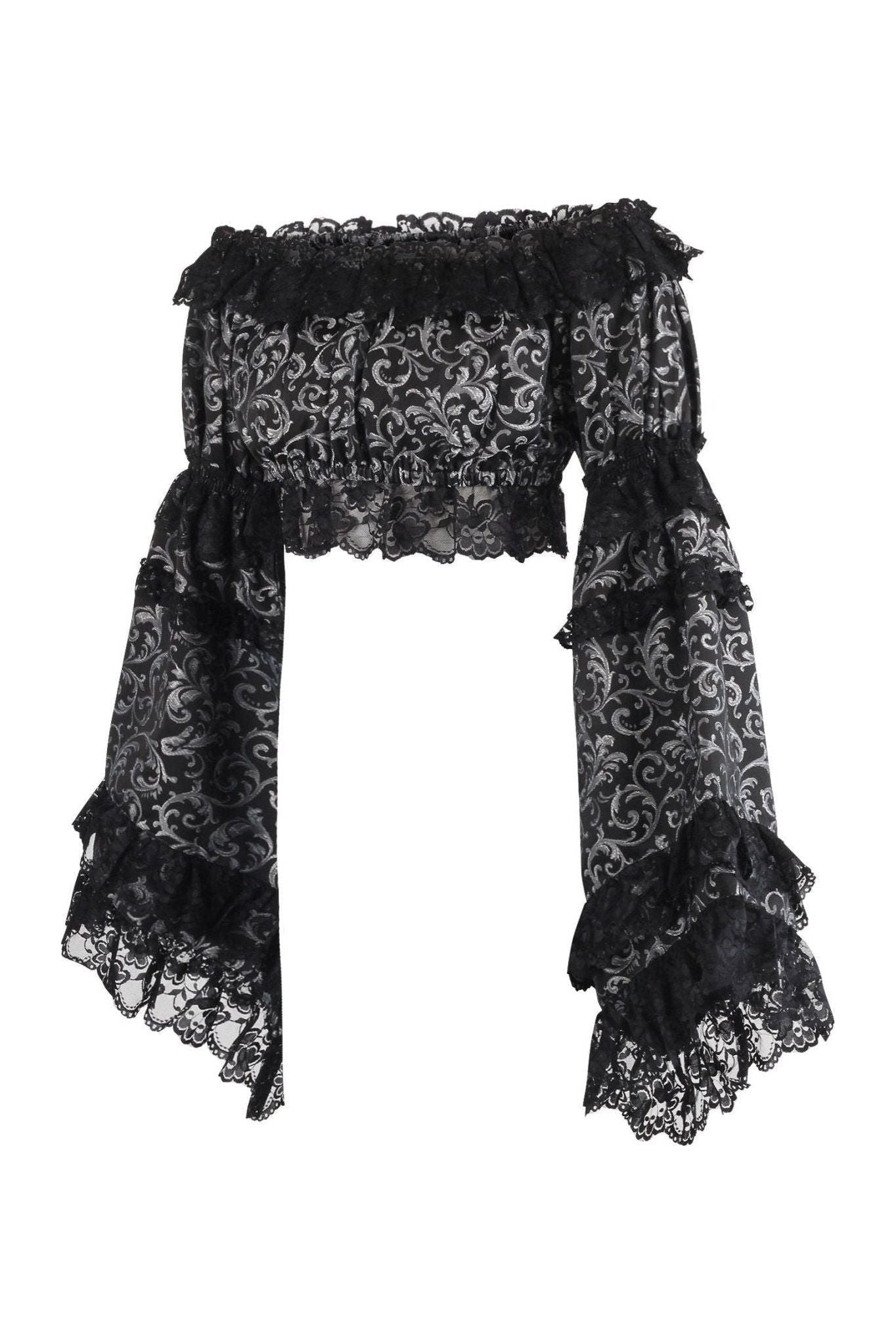 Silver/Black Brocade Smocked Flare Sleeve Peasant Top