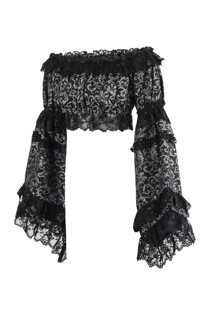 Silver/Black Brocade Smocked Flare Sleeve Peasant Top
