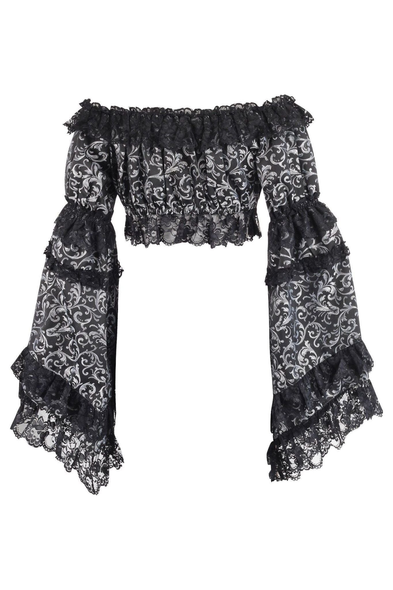 Silver/Black Brocade Smocked Flare Sleeve Peasant Top