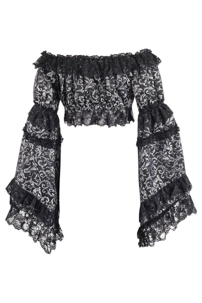 Silver/Black Brocade Smocked Flare Sleeve Peasant Top