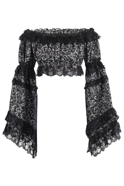 Silver/Black Brocade Smocked Flare Sleeve Peasant Top