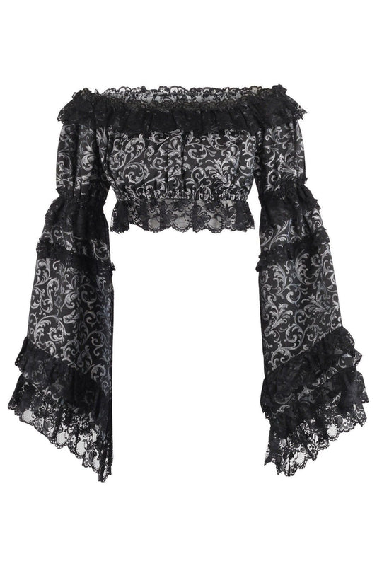 Silver/Black Brocade Smocked Flare Sleeve Peasant Top
