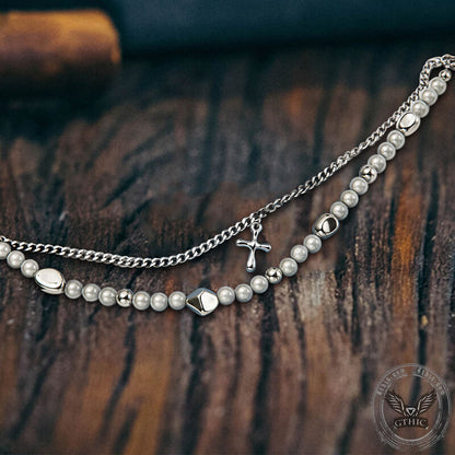 Simple Pearl Cross Stainless Steel Double Layer Necklace