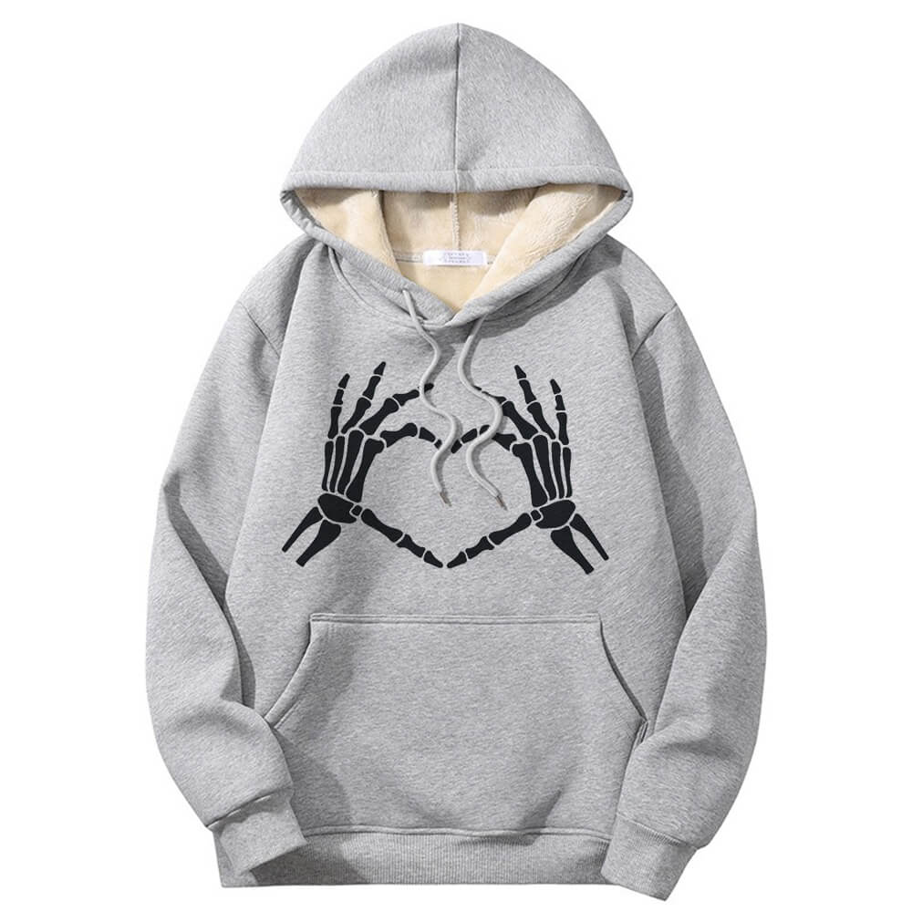 Skull Hand Love Heart Warm Fleece Sherpa Lined Hoodie